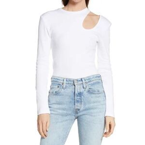 K.NGSLEY White XL Roman Ribbed Asymmetric Cutout Crew Neck Long Sleeve Top NEW